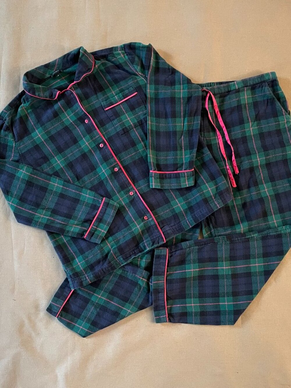 Talbots Pajamas Set Women's Sz M Sweet Dreams Green Plaid Pink 100% Cotton Cozy